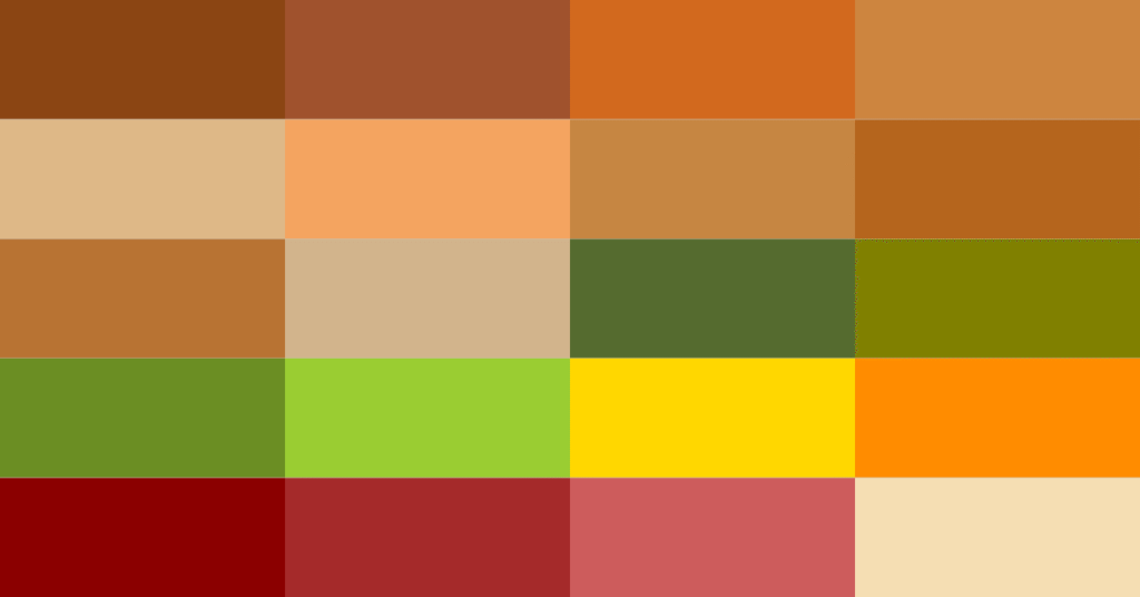 Autumn color palette inspiration with rich earthy tones, cozy fall outfits, and warm style accents featuring deep oranges, olive greens, and soft browns for seasonal wardrobe ideas